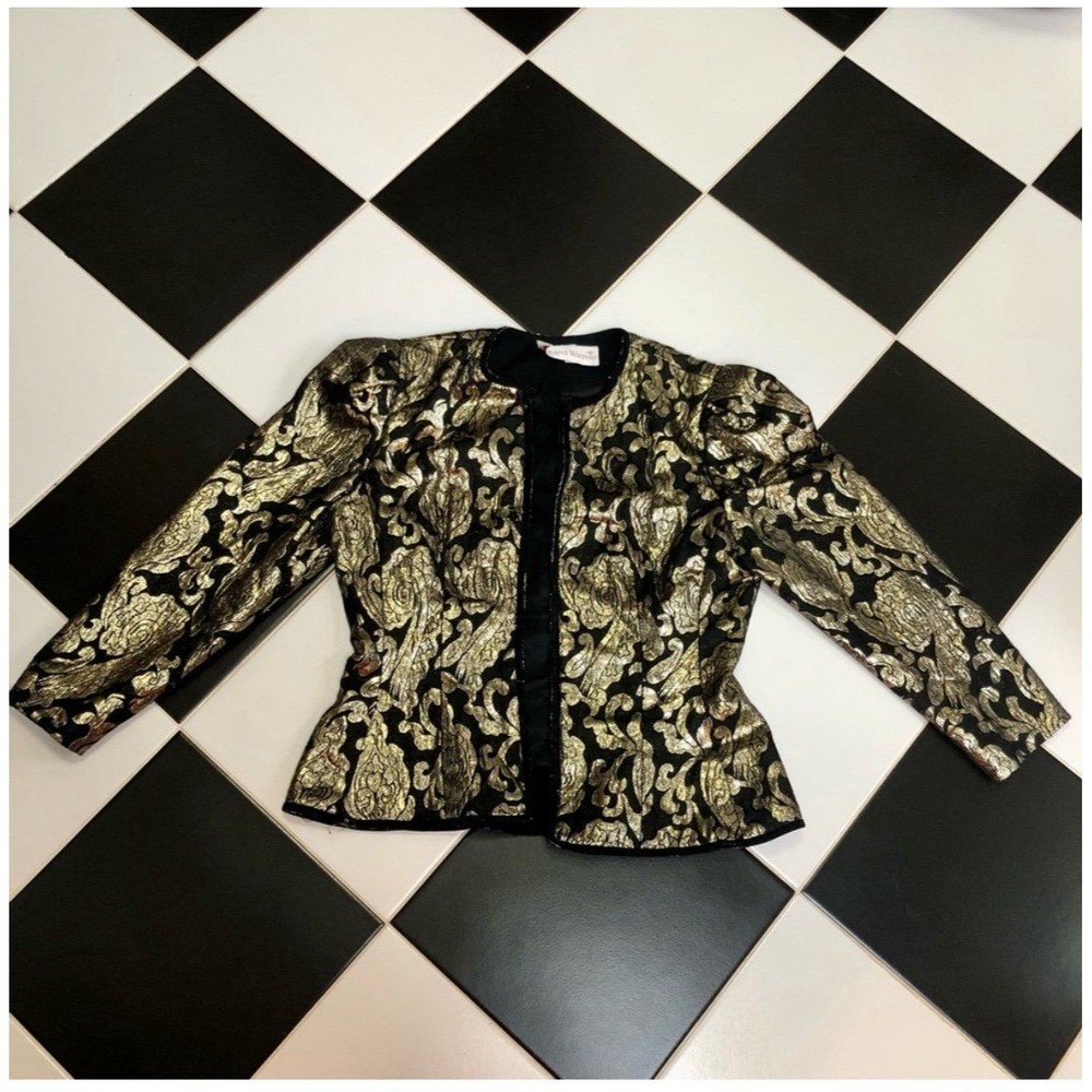 Vintage 80s Richard Warren Cropped Gold Lame Black Brocade Jacket Blazer sz L